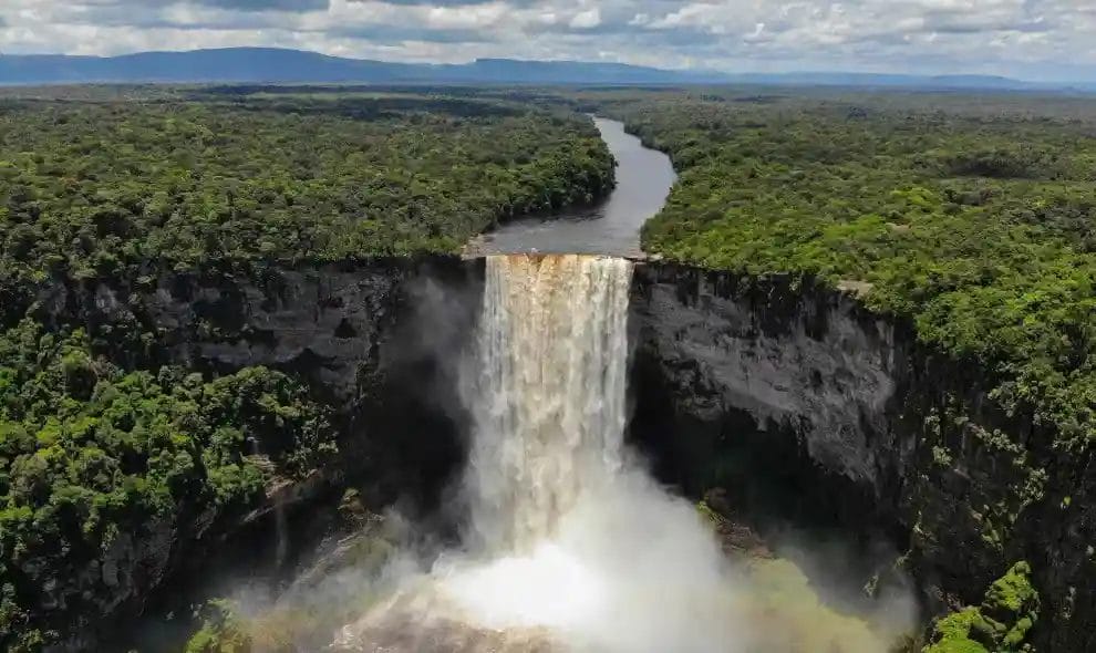 The majestic Kaieteur Falls in Guyana, with water cascading into the gorge below.